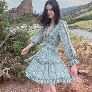 Sage green patterned flowy backless mini dress